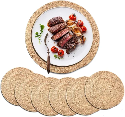 Vista 9 de Juego de 4 manteles individuales tejidos de yute, manteles individuales redondos trenzados, cuerda de yute natural, cargadores de platos grandes