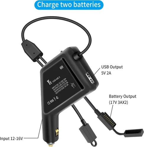 Vista 6 de Hanatora Cargador de coche de batería 3 en 1 para DJI Air 3S, Air 3 Drone, accesorios de concentrador de carga rápida de 12 V