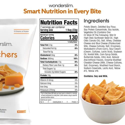 Vista 2 de WonderSlim Chips de galletas de proteína, cheddar, 0.35 oz de proteína, 0.11 oz de grasa, sin gluten (7 unidades)