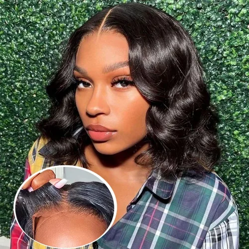Vista 6 de Wear and Go - Peluca estilo Bob sin pegamento, pelucas de cabello humano con ondas corporales y encaje frontal para mujeres negras, cierre de encaje