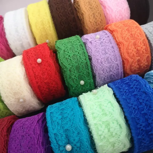 Vista 2 de 20 rollos de cinta de encaje de tela con patrón floral de color mixto de 200 yardas