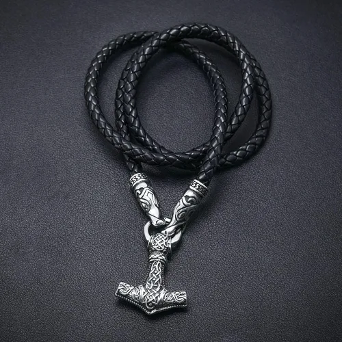 Vista 5 de BAVIPOWER Collar de martillo de Thor de acero inoxidable con cabeza de lobo cadena de cuero escandinavo vikingos nórdicos joyería para hombres