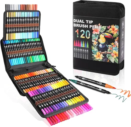 Vista 12 de TOSHARE Marcadores de acuarela de 36 colores y punta fina de doble punta para libros de colorear para adultos, bolígrafos de pintura sin sangrado