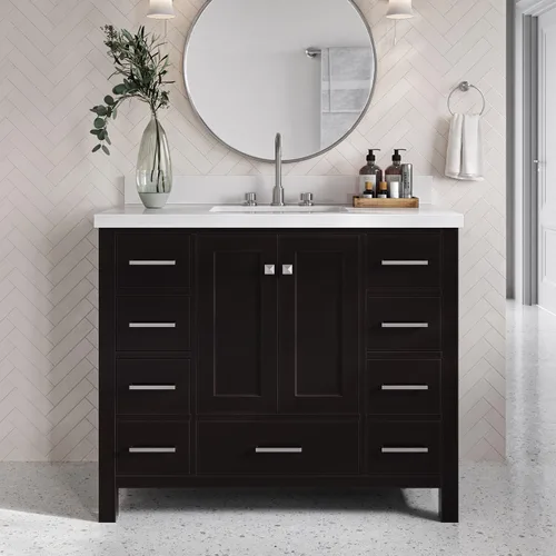 Vista 20 de DKB Isabella - Mueble de baño negro de 42 pulgadas con fregadero, lavabo rectangular, encimera de cuarzo blanco puro y protector contra salpicaduras