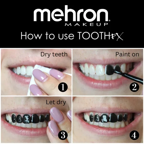 Vista 6 de Mehron Tooth FX pintura para dientes con cepillo, NEGRA para efectos especiales Halloween Películas - 25 onzas