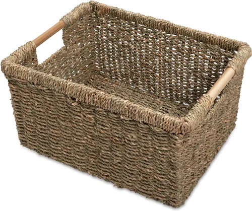 Vista 12 de Cesta de hierba marina natural con mango de madera, cesta de mimbre rectangular mediana para sala de estar, 12.2 x 8.9 x 6.7 pulgadas, paquete de 3