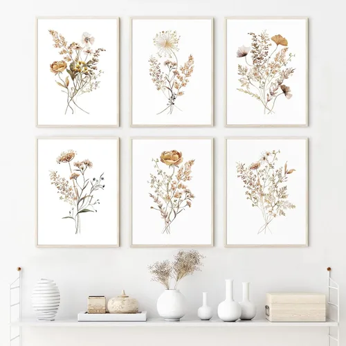 Vista 4 de Juego de 6 arte de pared de flores de acuarela con diseño botánico de flores silvestres, arte de pared en lienzo neutro bohemio, impresiones