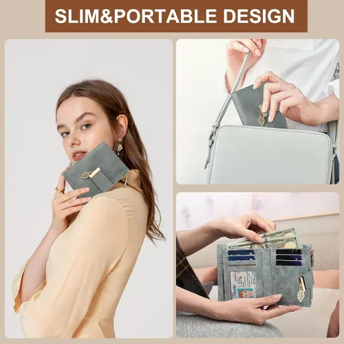 Vista 6 de yiijay Billetera pequeña para mujer, con bloqueo RFID, de piel, plegable, tarjetero para tarjetas de crédito para mujeres, cartera compacta