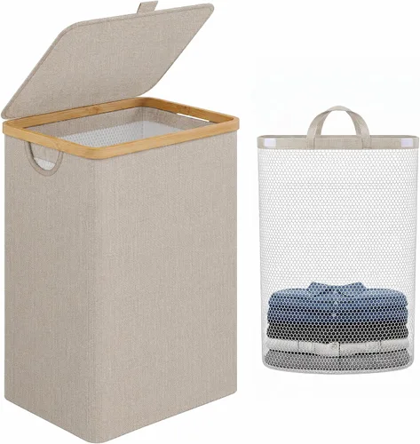 Vista 20 de iEGrow Cesta de lavandería con tapa, cesta grande de lavandería de 110 litros con asa y tapa, organizador de ropa plegable con bolsa interior Beige