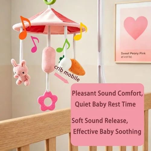 Vista 2 de Cuna móvil de conejo y zanahoria con música, para niños recién nacidos de 0 Rabbit rosa