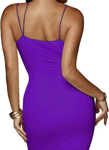 Vista 3 de Primoda - Vestido atractivo color neón, asimétrico y con tirantes delgados para mujer, de cuello en V pronunciado, sin mangas, entallado y largo