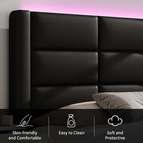 Vista 4 de Base de cama individual con cabecero tapizado y luces LED, moderno marco de cama de piel sintética con soporte de listones de madera y base