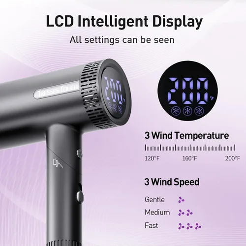 Vista 3 de Secador de pelo, secador iónico de alta velocidad, potente motor de 1600 vatios para secado rápido y cabello lacio y ondulado, plegable, ligero