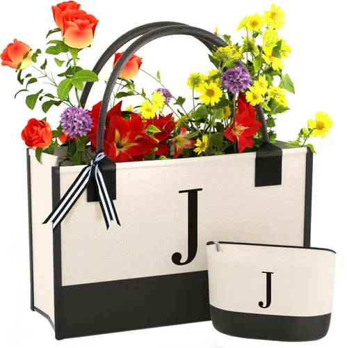 Vista 10 de Monogrammed Canvas Tote Bag with Zipper Pockets - Ideal Gift for Mom, Teacher, Sister