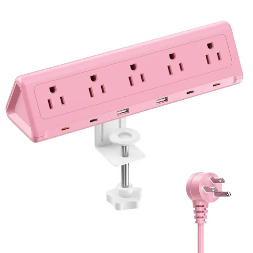 Vista 9 de Regleta de alimentación con abrazadera de escritorio de 6.5 pies con 5 salidas de CA y 6 puertos USB PD de 40 W USB-C de carga rápida, cable de Negro