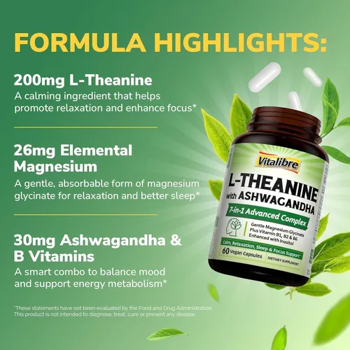Vista 3 de Vitalibre Suplemento de teanina L de 200 mg L-teanina 7 en 1 con glicinato de magnesio, Ashwagandha, inositol, vitamina B1 B2 B6 Sin gluten