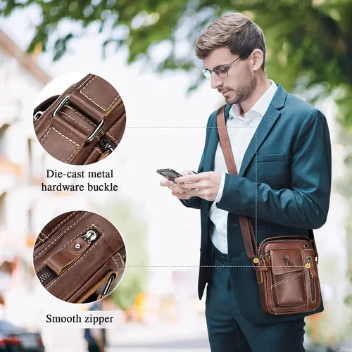 Vista 6 de BAIGIO Bolso bandolera de cuero pequeño para hombre bolso bandolera para viajes negocios trabajo