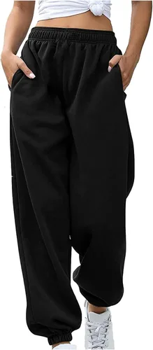 Vista 2 de Pantalones deportivos para mujer, con bolsillos, cintura alta, para gimnasio, atlético, pantalones deportivos para descansar, Negro (Black-r)