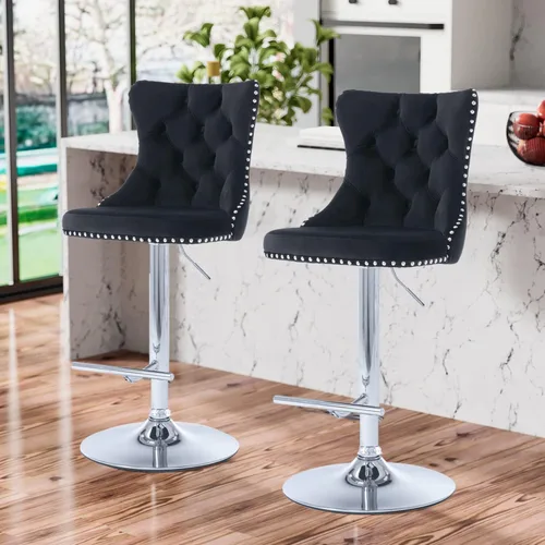 Vista 26 de Aoowow Juego de 2 taburetes de bar giratorios ajustables con parte trasera de terciopelo copetudo, sillas de bar modernas tapizadas con cabeza