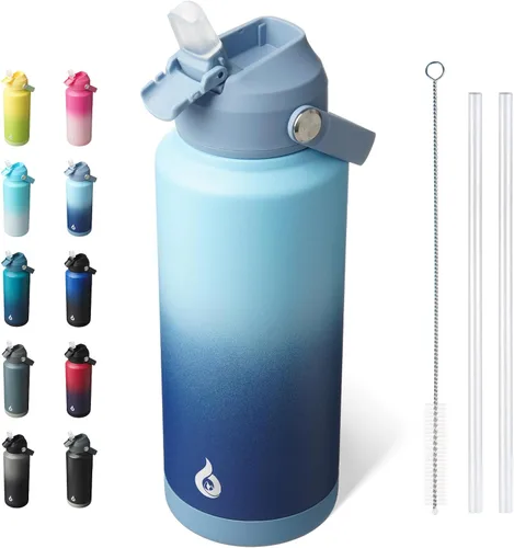 Vista 31 de BJPKPK - Botella de agua aislada con tapa de popote, 532 ml Botellas termo con boquilla suave, asa flexible y base antideslizante, libre de BPA, a