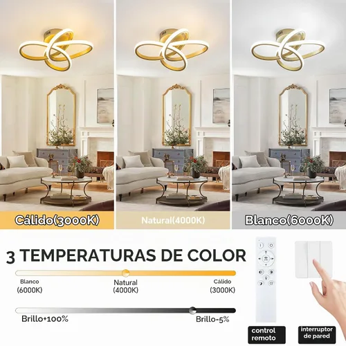 Vista 2 de Lámpara de techo moderna, lámpara de techo regulable LED de 36 W con control remoto, cambio de temperatura de color, pequeña lámpara de araña dorada