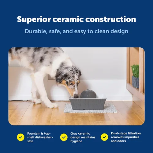 Vista 6 de PetSafe Drinkwell - Fuente de agua de cerámica para mascotas, dispensador automático silencioso de 70 onzas para gatos y perros con filtros, diseño