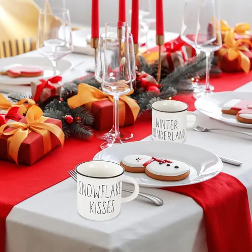 Vista 5 de Whaline 6 mini tazas de café de invierno con cinta para decoración de bandeja escalonada, muñeco de nieve blanco para invierno, Navidad, centros