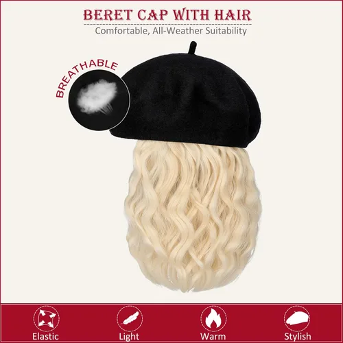 Vista 4 de Boinas con extensiones de cabello, gorra clásica elástica de lana francesa sólida adjunta, corto y rizado, peluca sintética para mujer, rubio