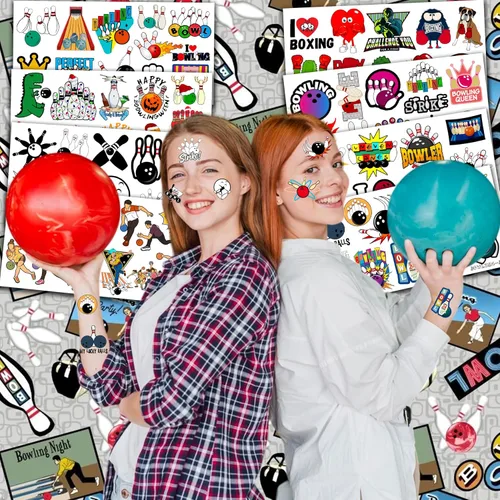 Vista 2 de 88 tatuajes temporales de boliche para niños, divertidas calcomanías de bola de boliche, recuerdos de fiesta de cumpleaños temática deportiva
