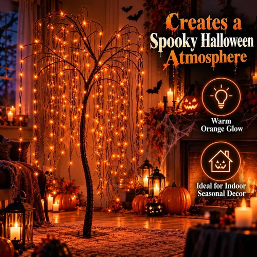 Vista 5 de Árbol de sauce iluminado de Halloween de 7 pies, 256 luces LED naranjas, árbol de sauce artificial llorón con 6 arañas, decoración