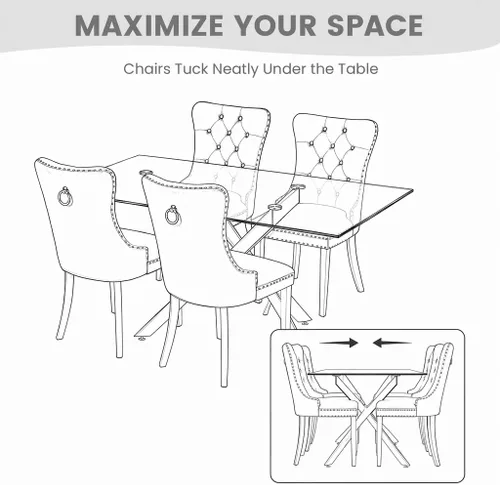 Vista 4 de Juego de mesa de comedor de 51 pulgadas de vidrio para 4, mesa de cocina rectangular de vidrio con 4 sillas tapizadas con acentos de terciopelo