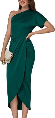 Vista 3 de LYANER Vestido midi de manga corta para mujer, con un hombro descubierto, fruncido, con abertura, abertura en la parte delantera