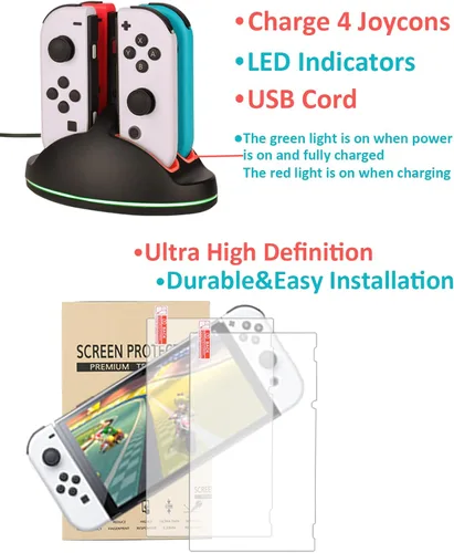 Vista 5 de Accesorios para Nintendo Switch OLED Arisll Family Bundle Estuche de transporte y protector de pantalla paquete de 4 agarres Joy Con y volantes