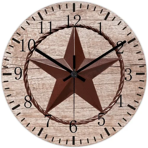 Vista 8 de Reloj de pared redondo de estilo rústico con estrella de Texas occidental, reloj de madera, silencioso sin tictac, funciona con pilas, con números