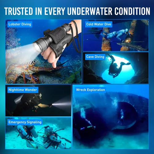 Vista 7 de ORCATORCH D550 - Linterna submarina de 1000 lúmenes con 3 modos, interruptor de cola, impermeable IP68, luz de buceo de respaldo manos libres
