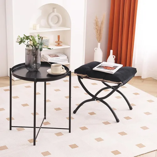Vista 7 de LITA Taburete reposapiés tapizado plegable, moderno y pequeño otomano portátil con cojín de algodón grueso desmontable acolchado con marco de metal