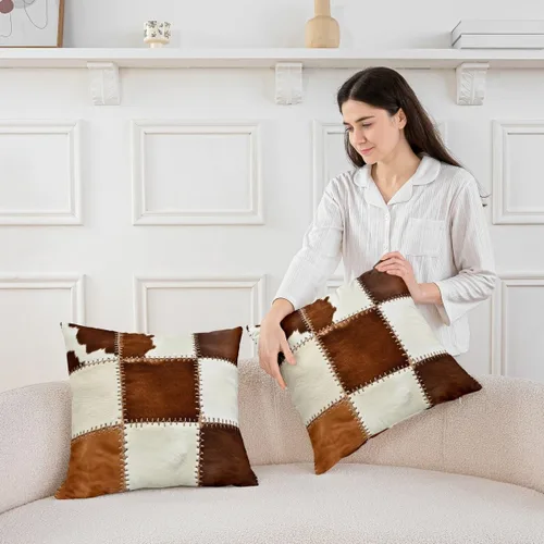 Vista 4 de Feelyou Funda de almohada de piel de vaca, funda de cojín rústica de retazos occidentales para decoración del hogar, sala de estar, funda de cojín