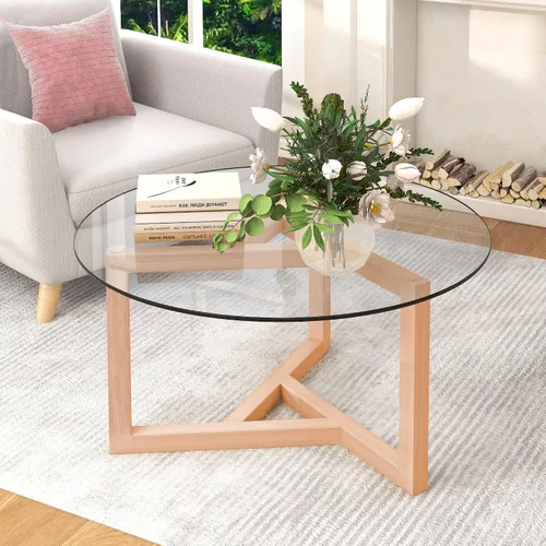 Vista 9 de Mesa auxiliar ovalada de vidrio templado de 3 capas con patas de madera de roble de almacenamiento, mesa auxiliar moderna para sala de estar