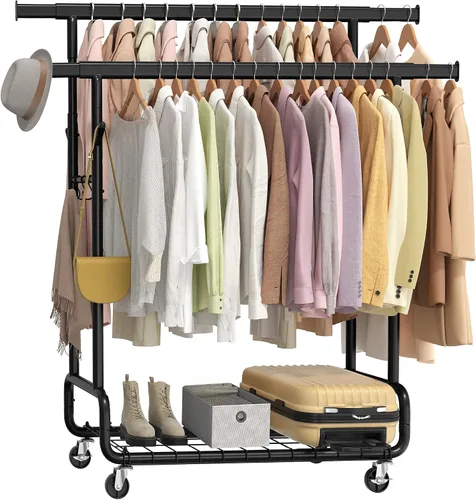 Vista 10 de SONGMICS Perchero de Ropa, Perchero de Ropa Rodante de Servicio Pesado con Ruedas, Barra Colgante Extensible y Altura Ajustable, Portátil, con Plata