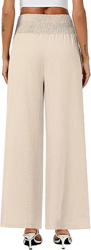 Vista 4 de Neer 2 piezas de pantalones palazzo de lino para mujer, cintura alta fruncida, pierna ancha, pantalones casuales de playa, pantalones con bolsillo