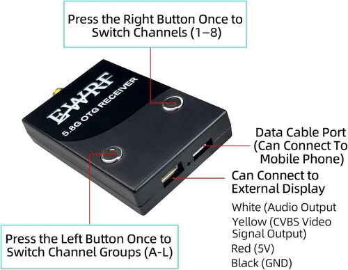 Vista 4 de Radiolink 5.8G 48CH Receptor inalámbrico de transmisión de imagen para pantalla de transmisor RC8X, compatible con teléfono y tableta Android