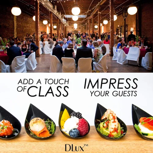 Vista 5 de DLux 100 platos mini de aperitivo en forma de gota de 4 pulgadas, cucharas reutilizables de plástico negro - Platos para servir postres y aperitivos