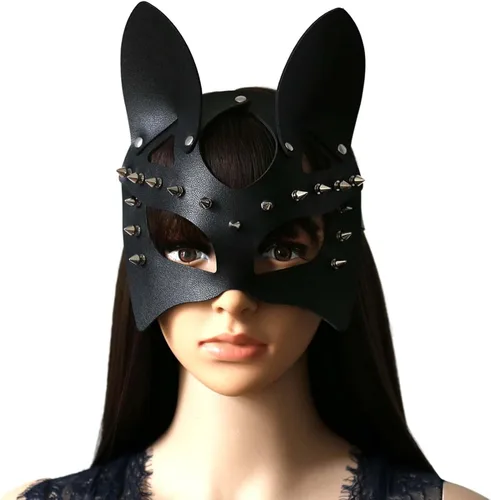 Vista 4 de Seglorwy Máscaras de cuero para disfraz de conejo, zorro, gato, mujer, máscara sexy de piel sintética para fiesta de máscaras, Halloween, cosplay