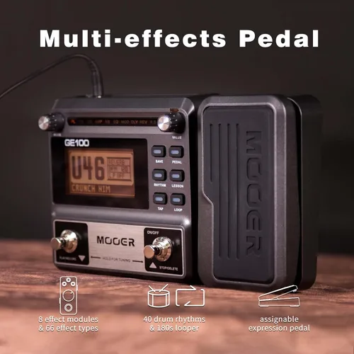 Vista 2 de MOOER GE100 Pedal de guitarra multiefectos 80 preajustes, 66 efectos 180 Second Loop,40 Drum Rythm, Distortion, Expression Volume Wah Pedal, Tap