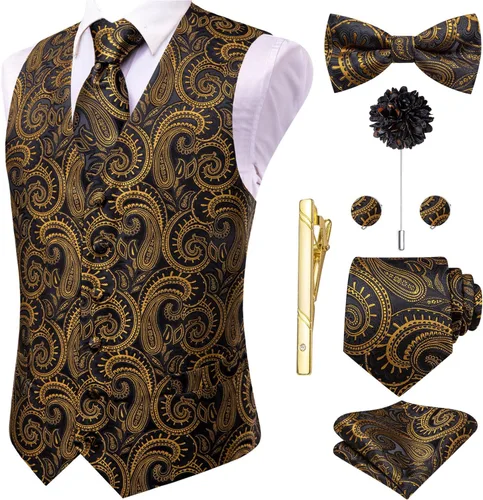 Vista 41 de Hi-Tie Chaleco de traje de seda para hombre, corbata y corbatín de solapa, clip de corbata dorado, chaleco floral de cachemira, 8 piezas, conjunto
