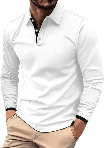 Vista 9 de Camisas polo de manga larga con estampado a rayas para hombre, camiseta de golf para exteriores, cuello en V, camiseta clásica de negocios