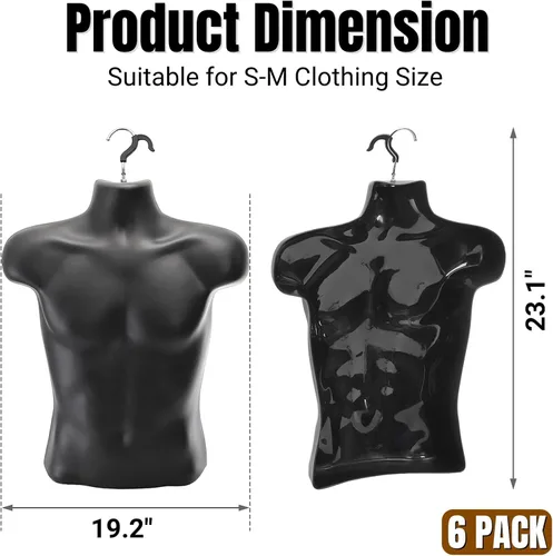 Vista 2 de Noamus Paquete de 6 torsos de maniquí masculino, forma de vestido con gancho para colgar, pantalla de camiseta, cuerpo trasero hueco, molde