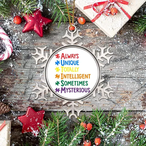 Vista 7 de Adornos únicos a veces para árbol de Navidad, apoyo para autismo, decoración de Navidad, conciencia de autismo, adorno de copo de nieve de metal