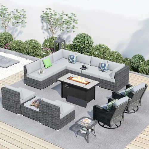 Vista 44 de HOOOWOOO Juego de sofá modular para patio al aire libre, 7 piezas en forma de U, juego de sofá de mimbre rústico para 6 personas, juego de Beige