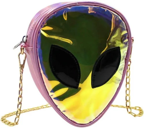 Vista 3 de ZGMYC Bolso cruzado de holograma con patrón alienígena con purpurina y correa de cadena para niños, adolescentes, niñas y mujeres, Rosado